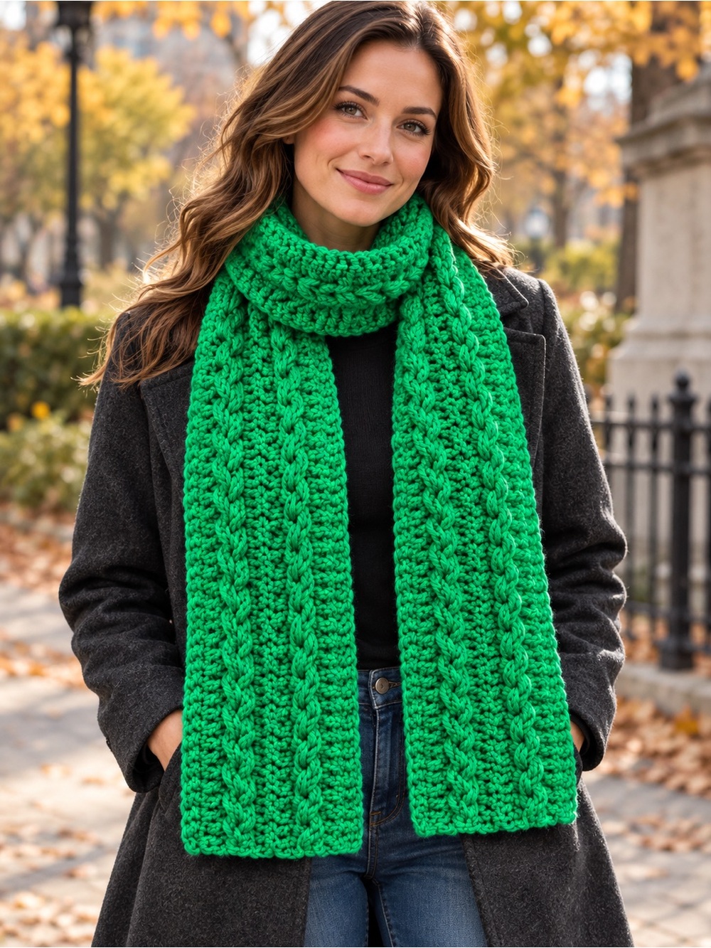 Handmade Green Crochet Scarf Textured Cable Style Winter Accessory